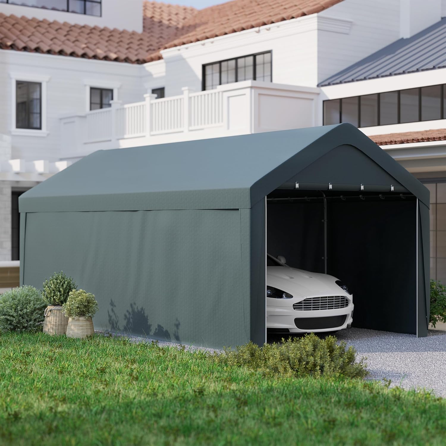 Outsunny Carport Garagenzelt 3 x 6 m, Outdoor-Carport, Lagerzelt mit abnehmbaren Seitenwänden und 2 aufrollbaren Reißverschlusstüren, für Auto, LKW, Boot, dunkelgrau