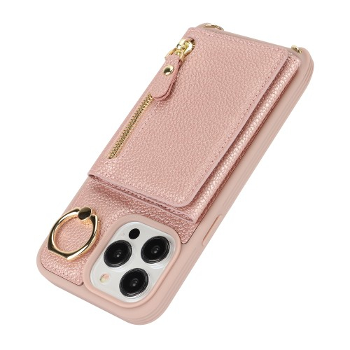 iPhone 14 Pro Necklace Leder Hülle mit Münzfach und Kartenfächer   Finger Griff Halterung   Handykette - Roségold