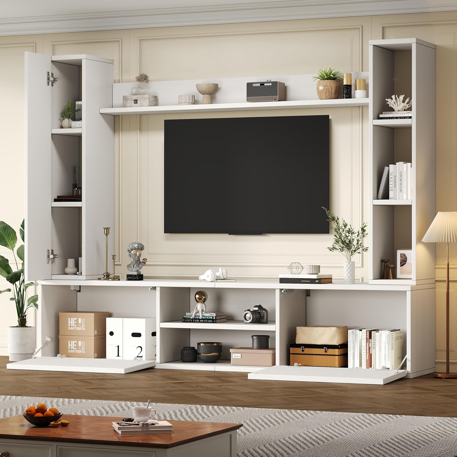 Merax Wohnwand Wohnzimmer 4-Teilig Set, Wohnzimmer Möbel Set, TV Lowboard, Wandregal, 2 Wandschrank, Vitrine Hängend oder Stehend, Wohnzimmermöbel Komplett, Elegante Schrankwand, Mediawand, Weiß