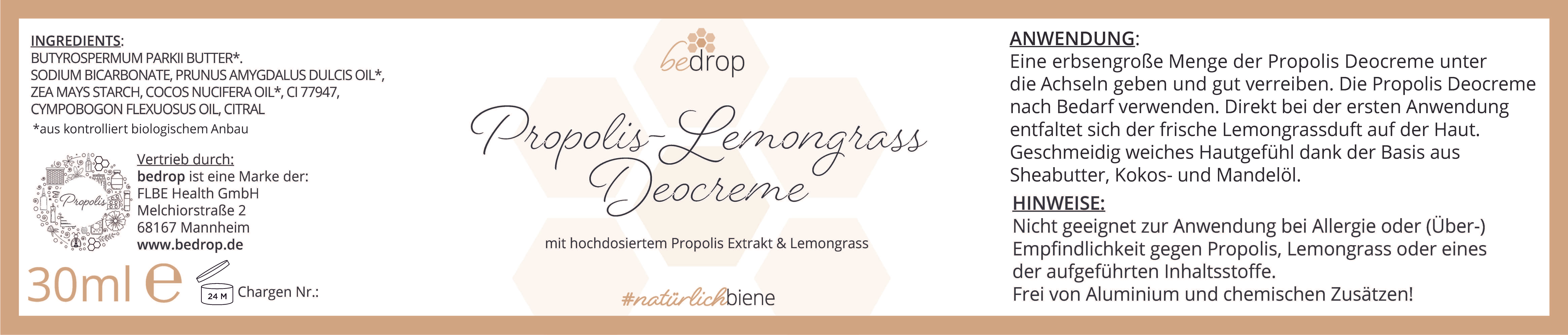 Propolis Deocreme / Festes Deo mit Lemongrass - 30ml