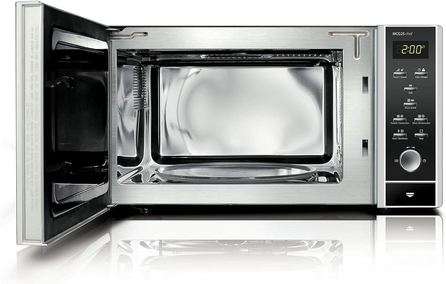 CASO | MCG25 chef 3-in-1 Mikrowelle mit Grill und Heißluft 1950W | Backofen-Funktion bis 200°C, Drehteller Ø 27cm, 25 L, Design Edelstahl verspiegelt