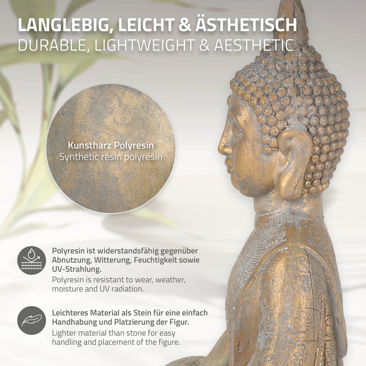 ECD Duitsland Boeddhabeeld, zittend, 48 cm hoog, gemaakt van weerbestendig polyresin, brons, Feng Shui, Boeddhabeeld als decoratie voor huis, appartement en tuin, tuinbeeld, decoratief figuur, sculptuur voor binnen en buiten
