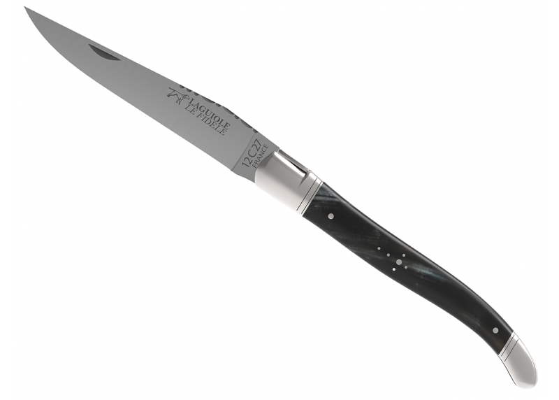 Couteau Laguiole avec un manche en corne brune et 2 mitres en acier inoxydable