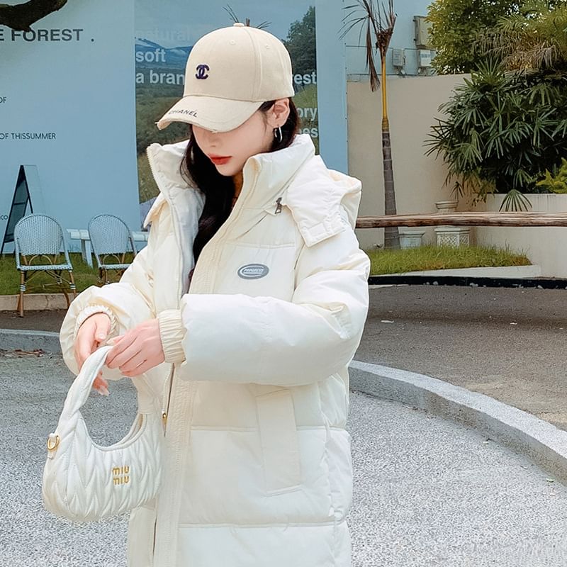 Sienne - Lettering Hooded Midi Zip Puffer Jacket