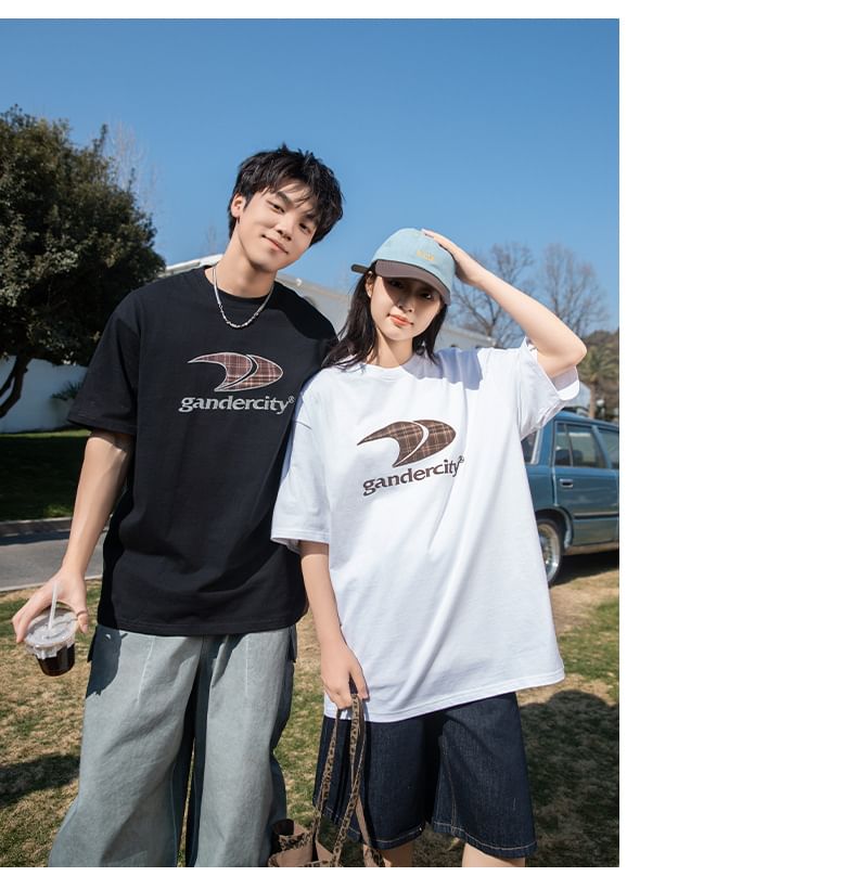 Really Point - Koppel bijpassende korte mouwen ronde hals drop shoulder letter geborduurd oversized T-shirt