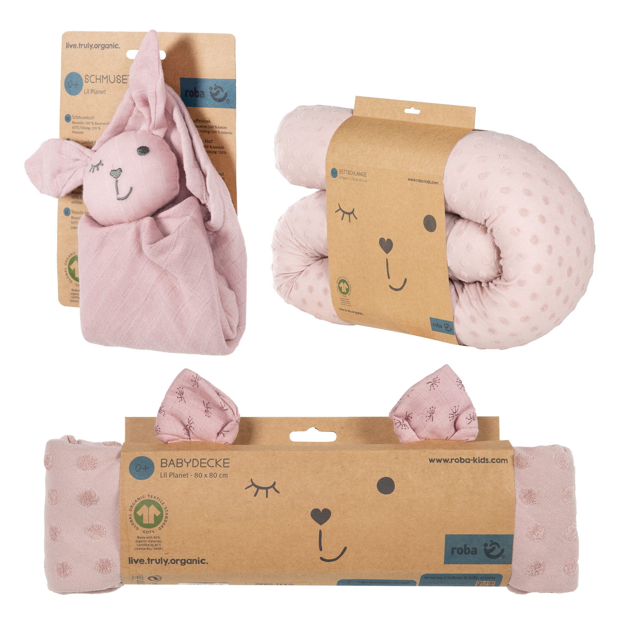 roba Organic Geschenkset 'Lil Planet' rosa/mauve, Bio-Bettschlange, -Decke & -Schmusetuch