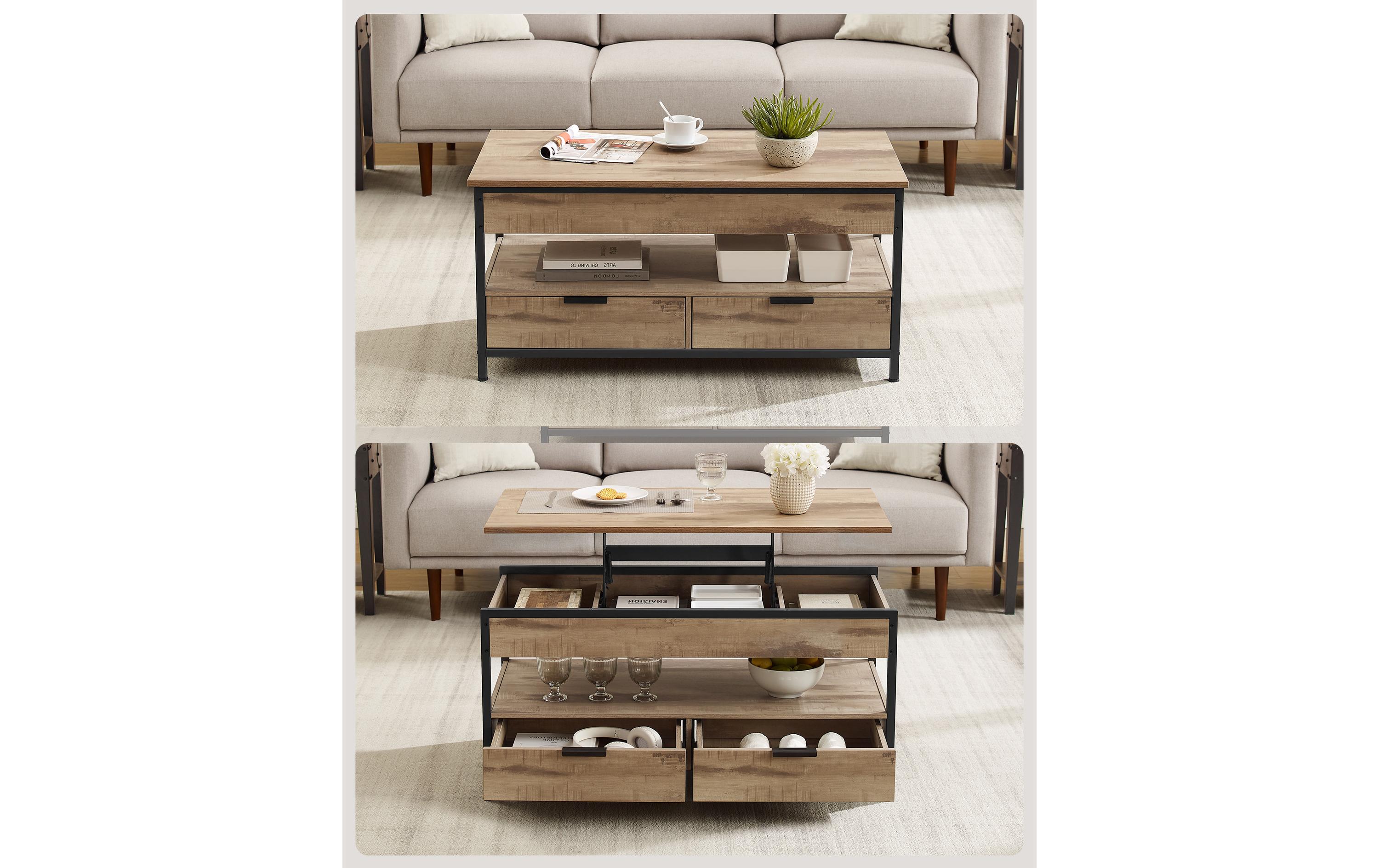 Couchtisch 100 x 48 cm/63 cm, Braun<br>Wohnzimmertisch mit hochklappbaren Schubladen