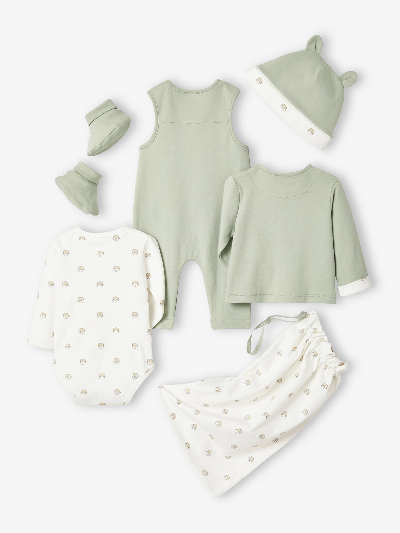 Kit para recém-nascido com 6 peças de roupa personalizáveis + bolsa de tecido verde-água
