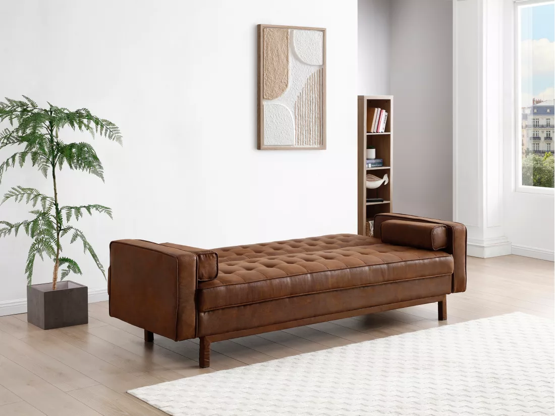 Canapé convertible clic-clac en microfibre marron vintage ELEANOR II