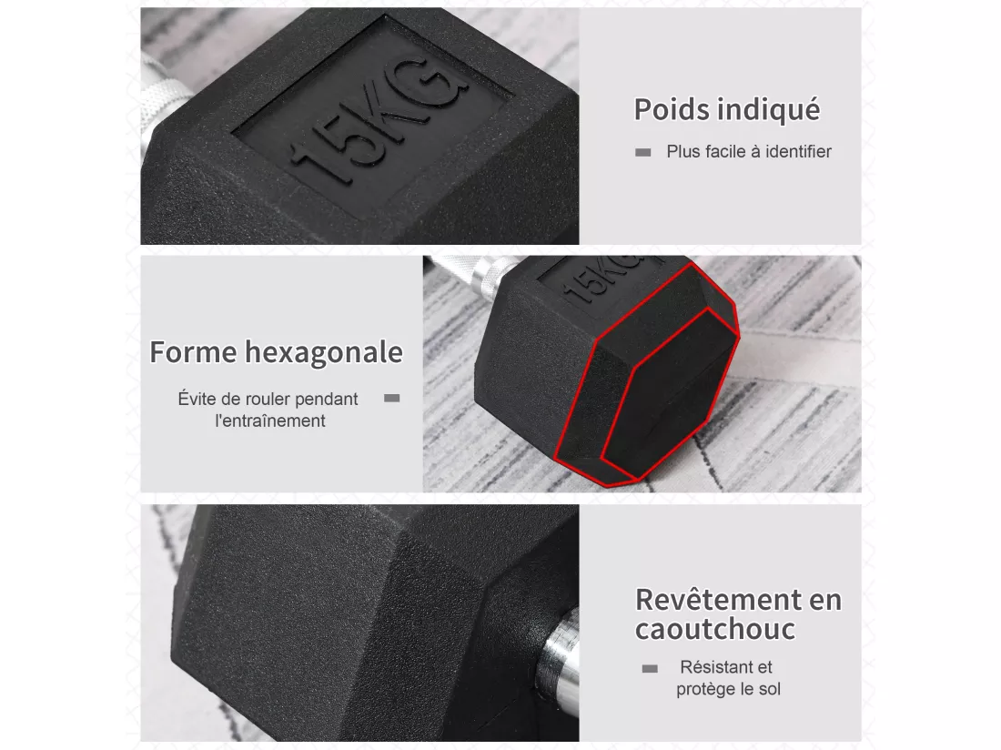 Haltère courte poids 15 Kg - entraînement musculaire & haltérophilie - acier caoutchouc noir
