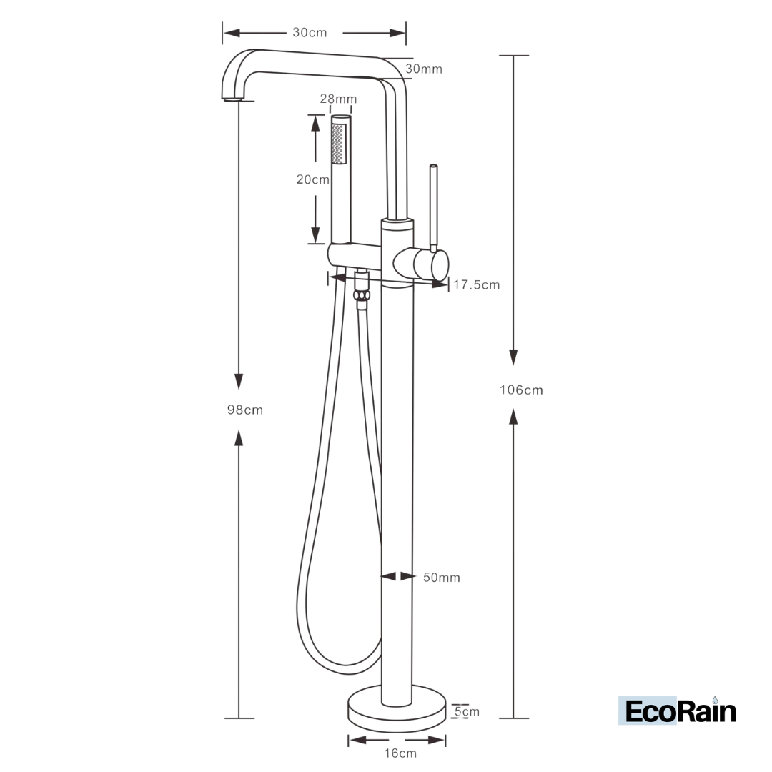 EcoRain vrijstaande badkraan met douchekop Charles 110 CM zwart - messing en keramische schijven - 30% waterbesparende kraan - universeel - corrosiebestendige badkraan met handdouche