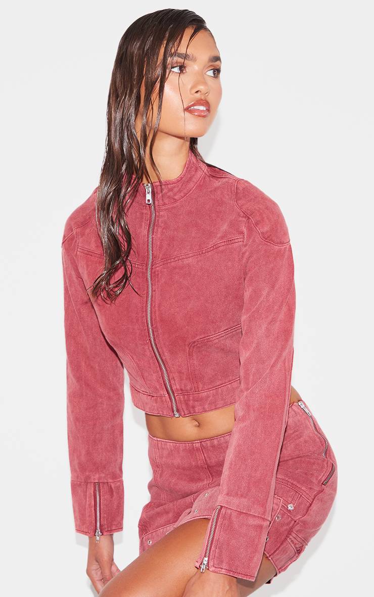 Washed Red Veste En Jean Courte Col Montant