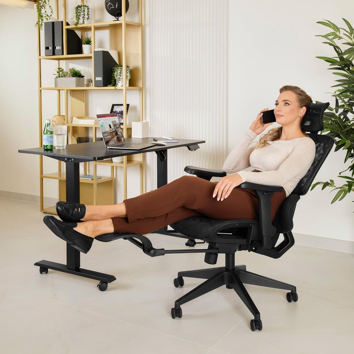 di volio Bürostuhl Romalo – ergonomischer Schreibtischstuhl mit Kopfstütze & Fußstütze, atmungsaktives Mesh, schwarz