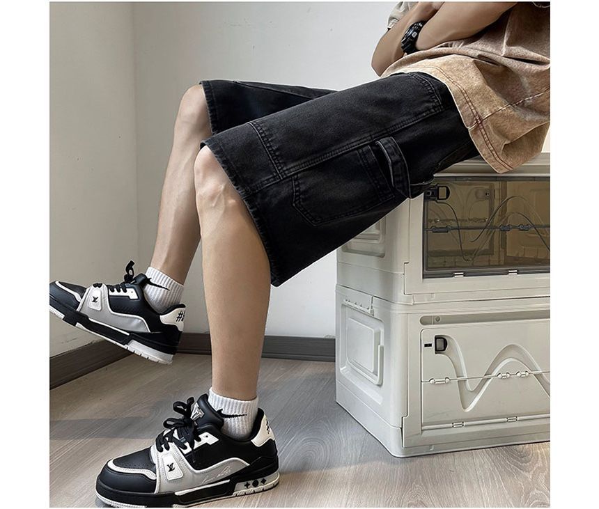 Whyessa - Low Rise Washed Wide Leg Cargo Denim Shorts