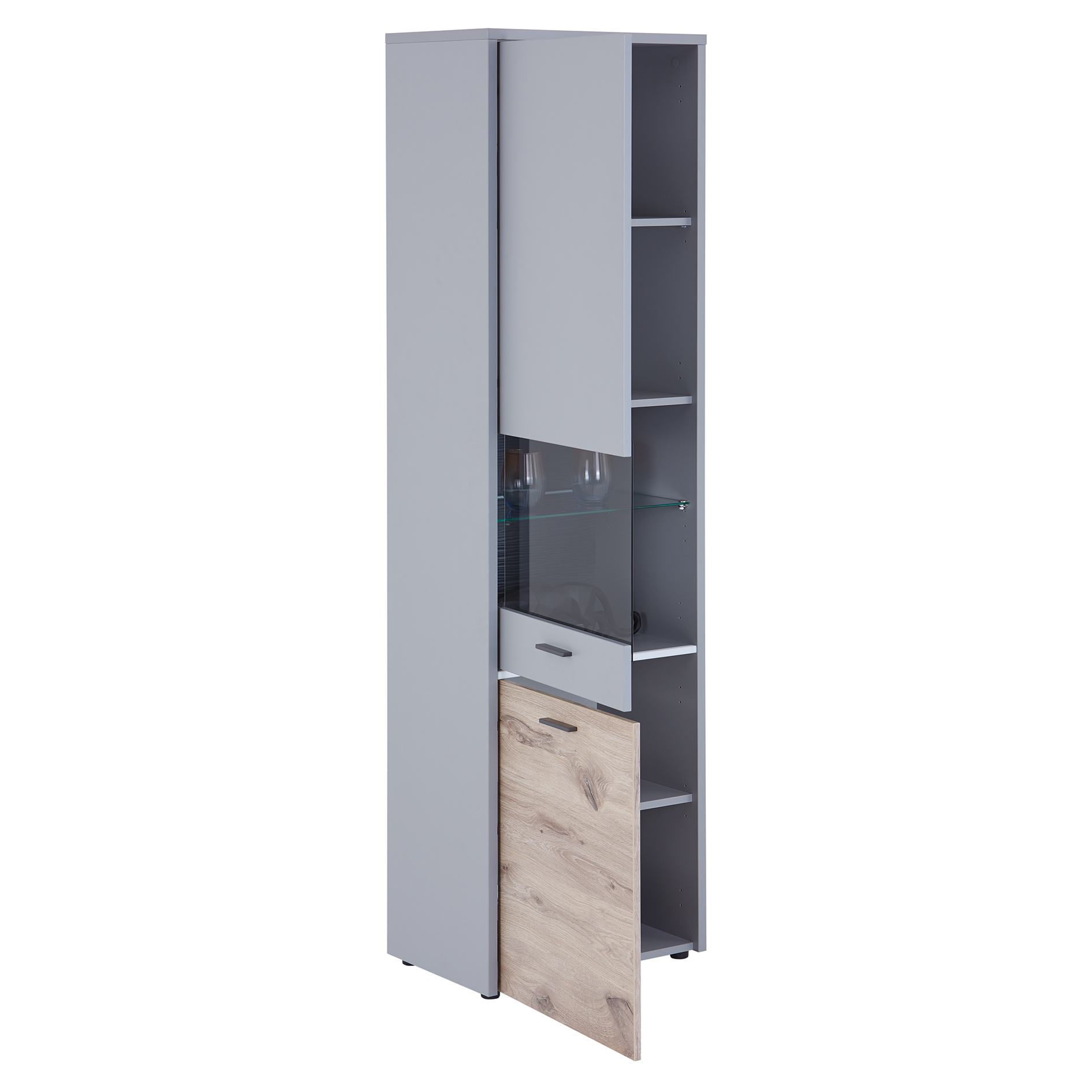 Standvitrine DYNAMIC - Nox Oak-hellgrau - mit Beleuchtung