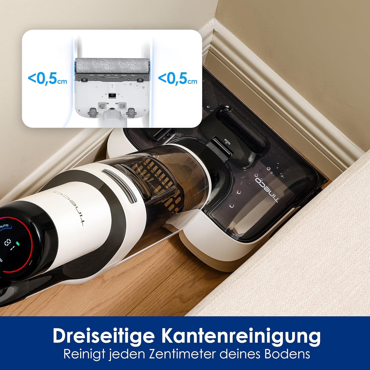 Tineco Floor One Stretch S6 Nass Trockensauger, 180°-Flachdesign Saugwischer 13cm Liegehöhe, 85°C 5min FlashDry Selbstreinigung, 3-Seitige Kantenreinigung 40min Laufzeit Reinigung unter tiefen Möbeln