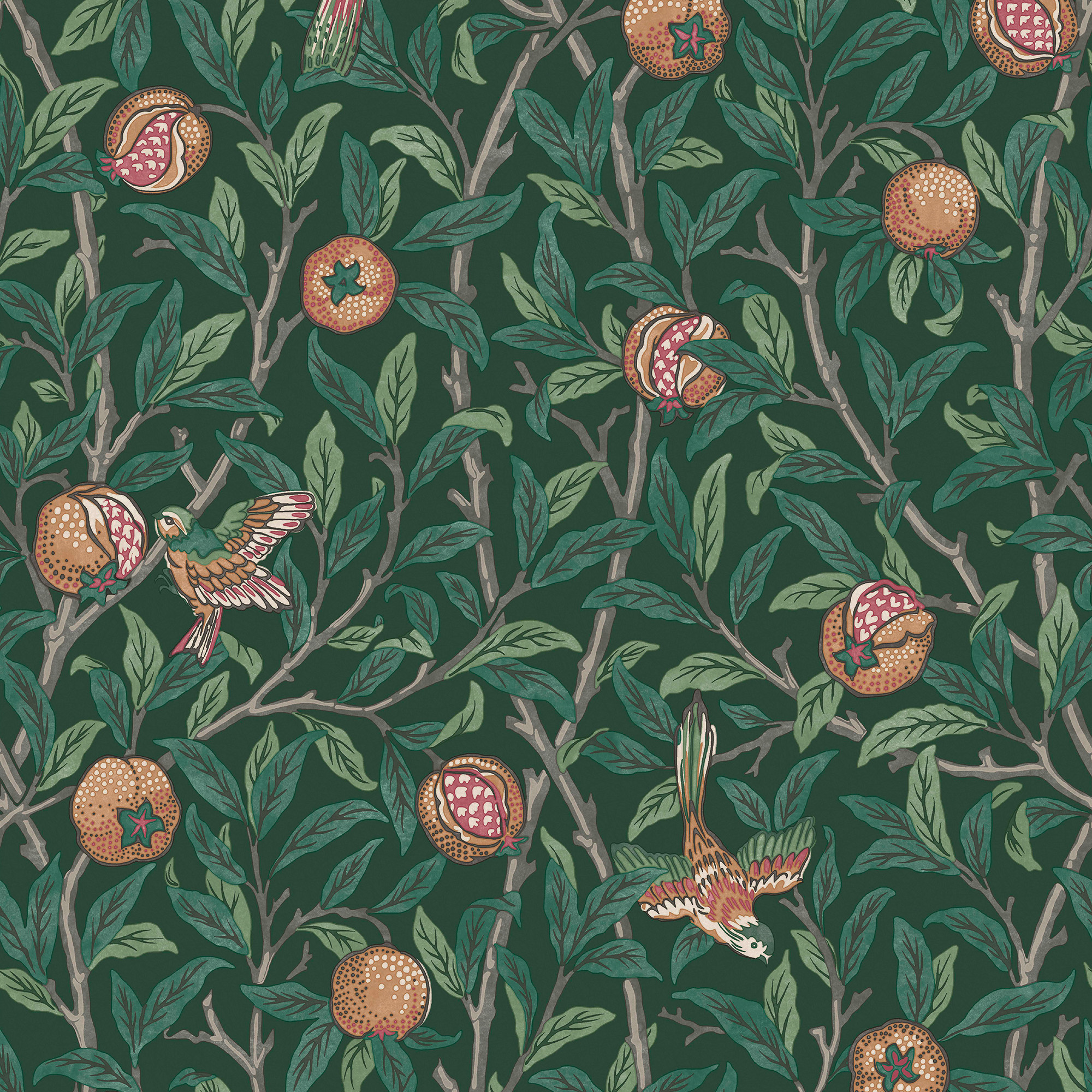 Vliesbehang bird & pomegranate deep green