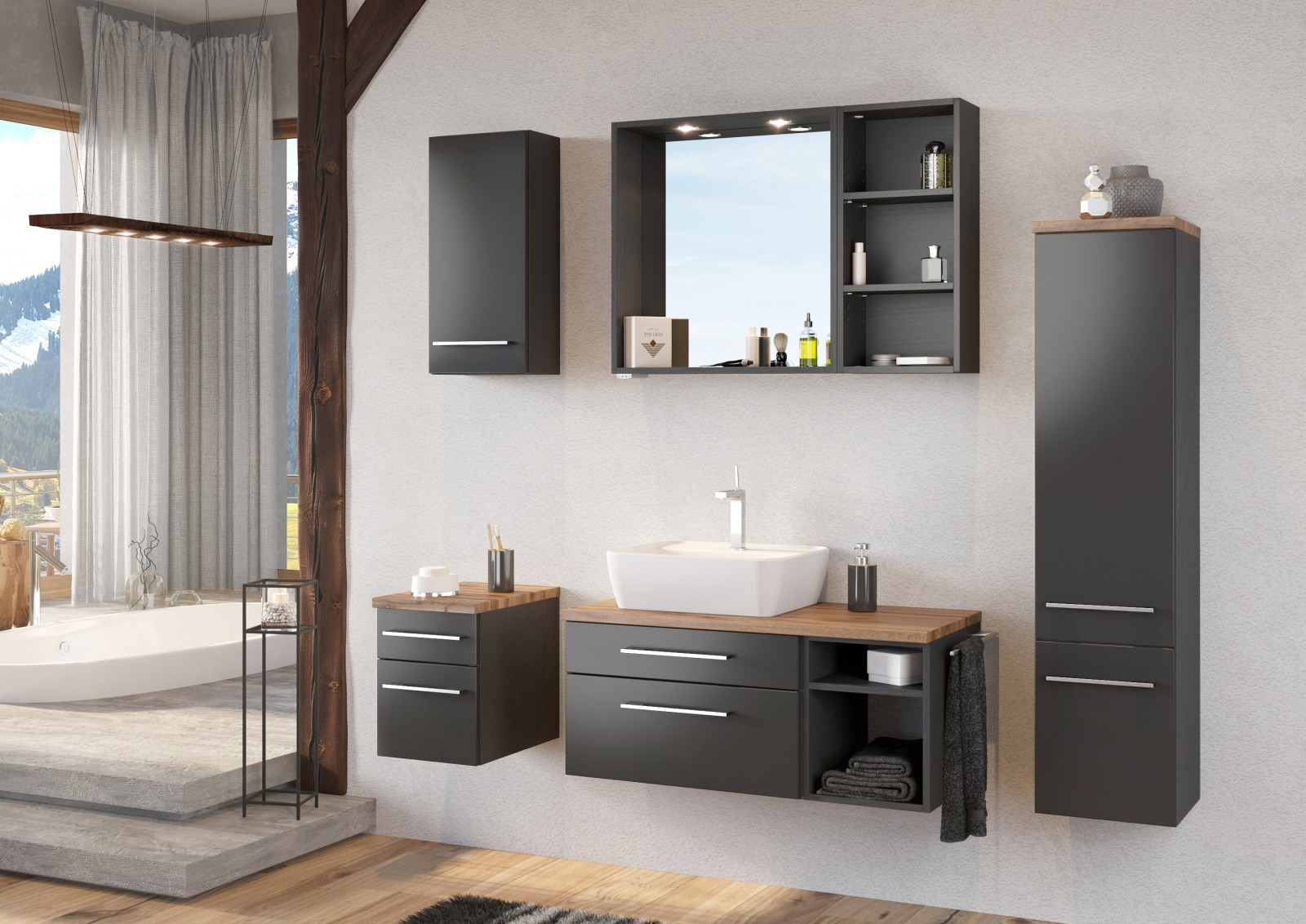 Unterbeckenschrank DAVOS - grafitgrau - Wotaneiche - 90 cm breit