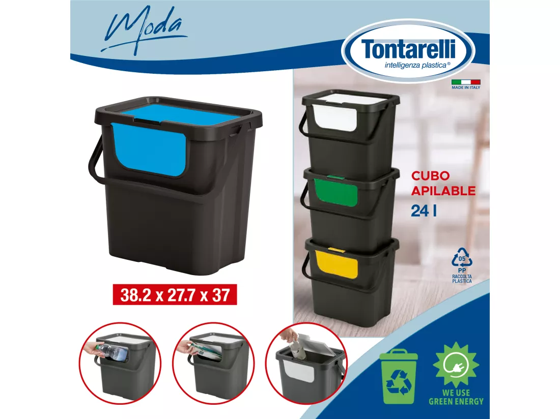 Set de 4 poubelles empilables avec poignée en quatre couleurs.