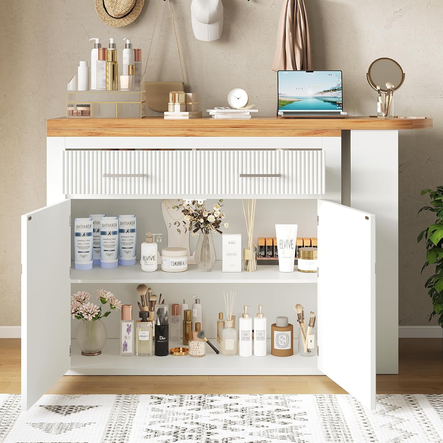 Ausziehbarer Bartisch mit Stauraum(137-215×39×102.3cm) , Moderner Beweglicher Bar Table, Teleskopischer Bartisch mit einer Schublade und zwei Regalen, Hochtisch Kücheninsel Bistro Table(Weiß)