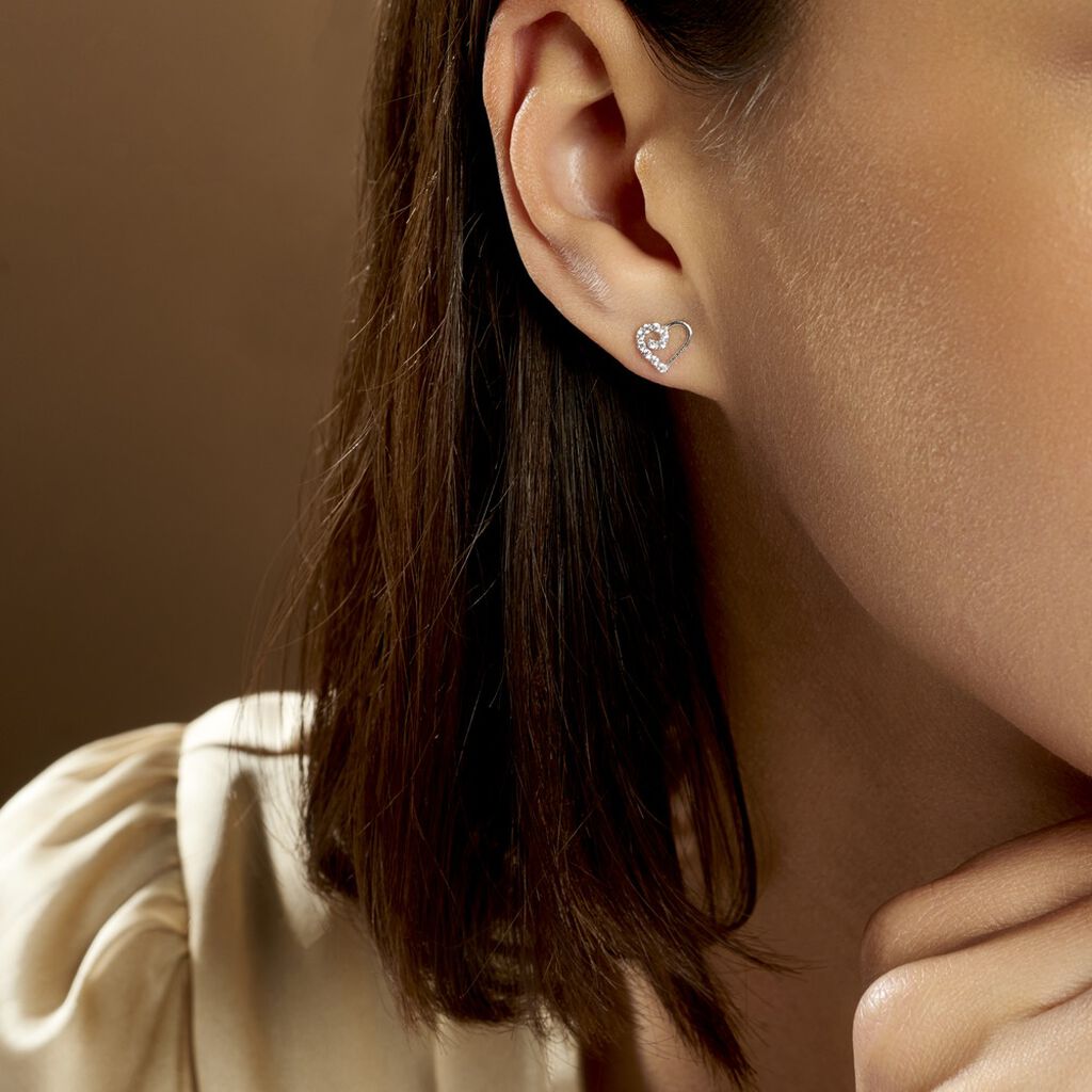 Boucles D'oreilles Puces Daria Cœur Or Blanc Oxyde De Zirconium