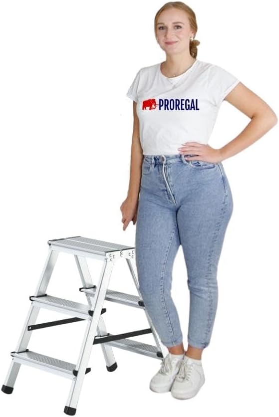 PROREGAL Economy Basic Trapladder, dubbelzijdig toegankelijk, 2 x 3 treden, werkhoogte 2,60 m, draagvermogen 125 kg