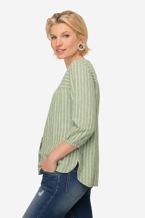 Bluse, Leinenmix, Streifen, Rundhals, 3/4-Ärmel