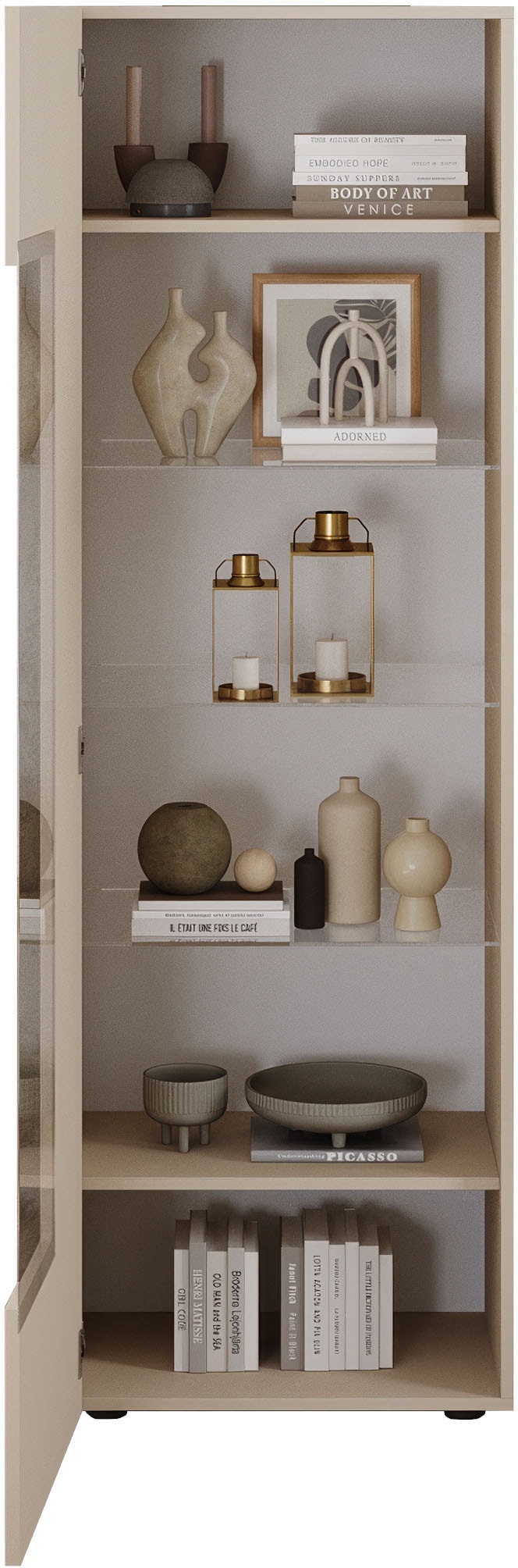 INOSIGN Vitrine »RIO, Höhe 187 cm, Hochschrank mit 1 Tür, Anrichte, Standvitrine« Vitrinenschrank, geriffelte MDF-Front, modern, elegant, geräumig