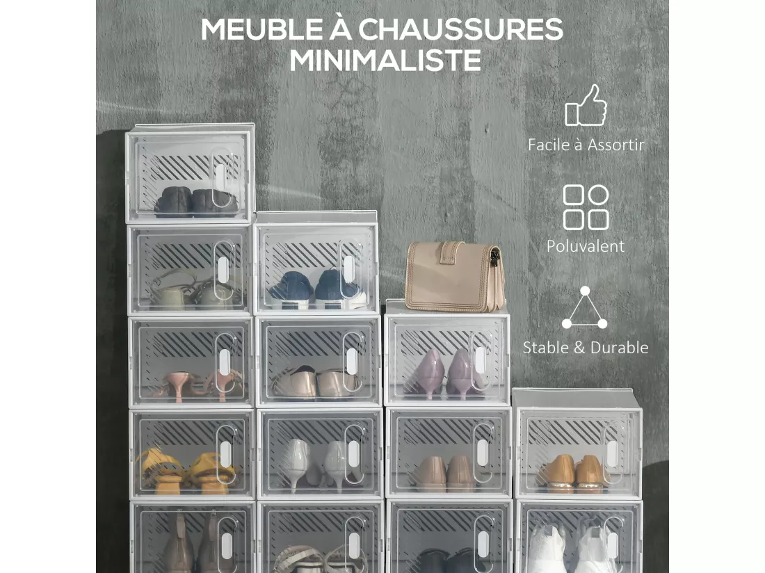 Lot de 18 boites cubes rangement à chaussures modulable avec portes transparentes - dim. 25L x 35l x 19H cm - PP blanc transparent