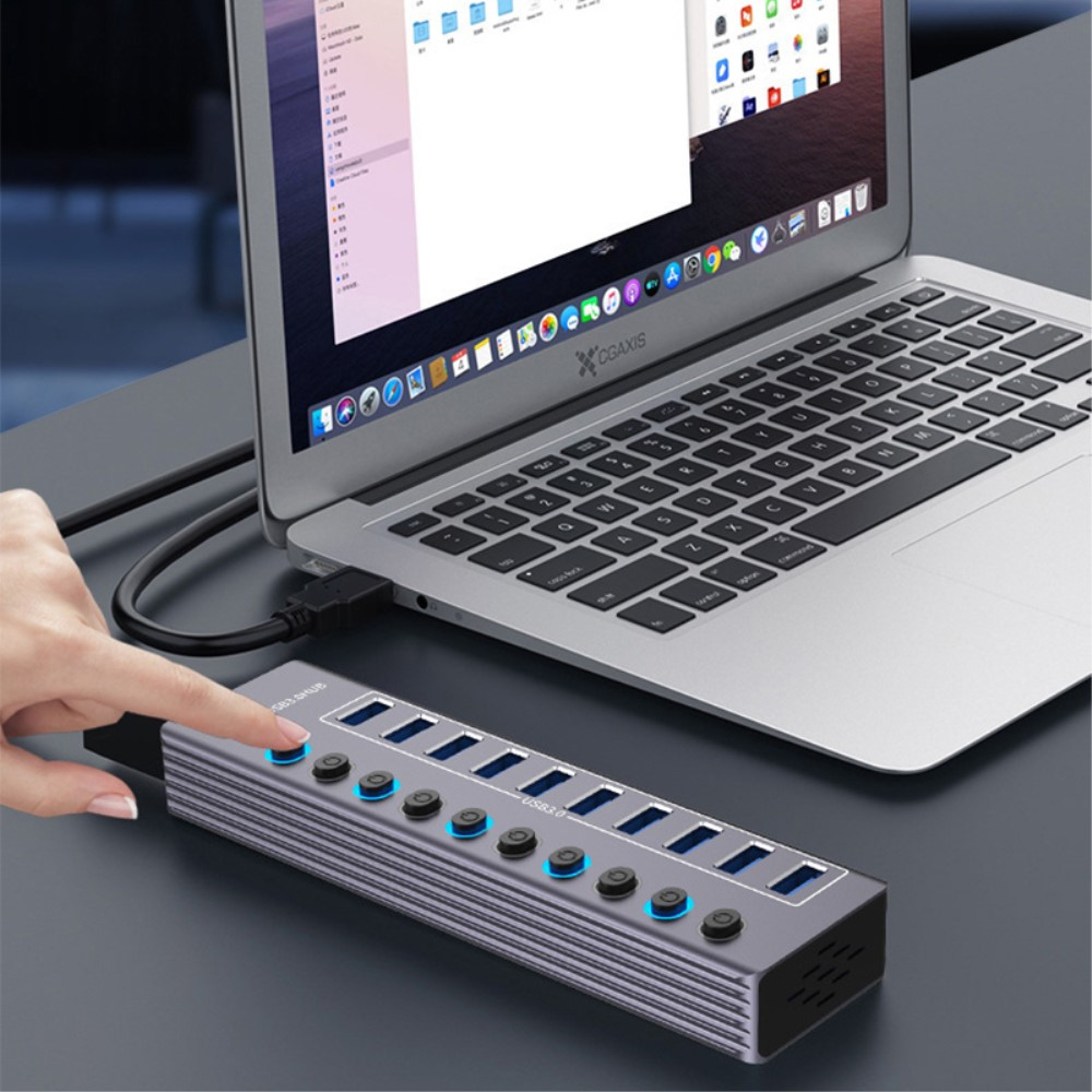 (17cm) 10-fach USB 3.0 Hub Aluminium Adapter mit USB Port Steuerung Tastenschalter 5GB/s   Netzteil (12V/3A) - Grau