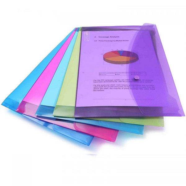 Pochettes à bouton pression A4 Rapesco, coloris transparents assortis, lot de 5