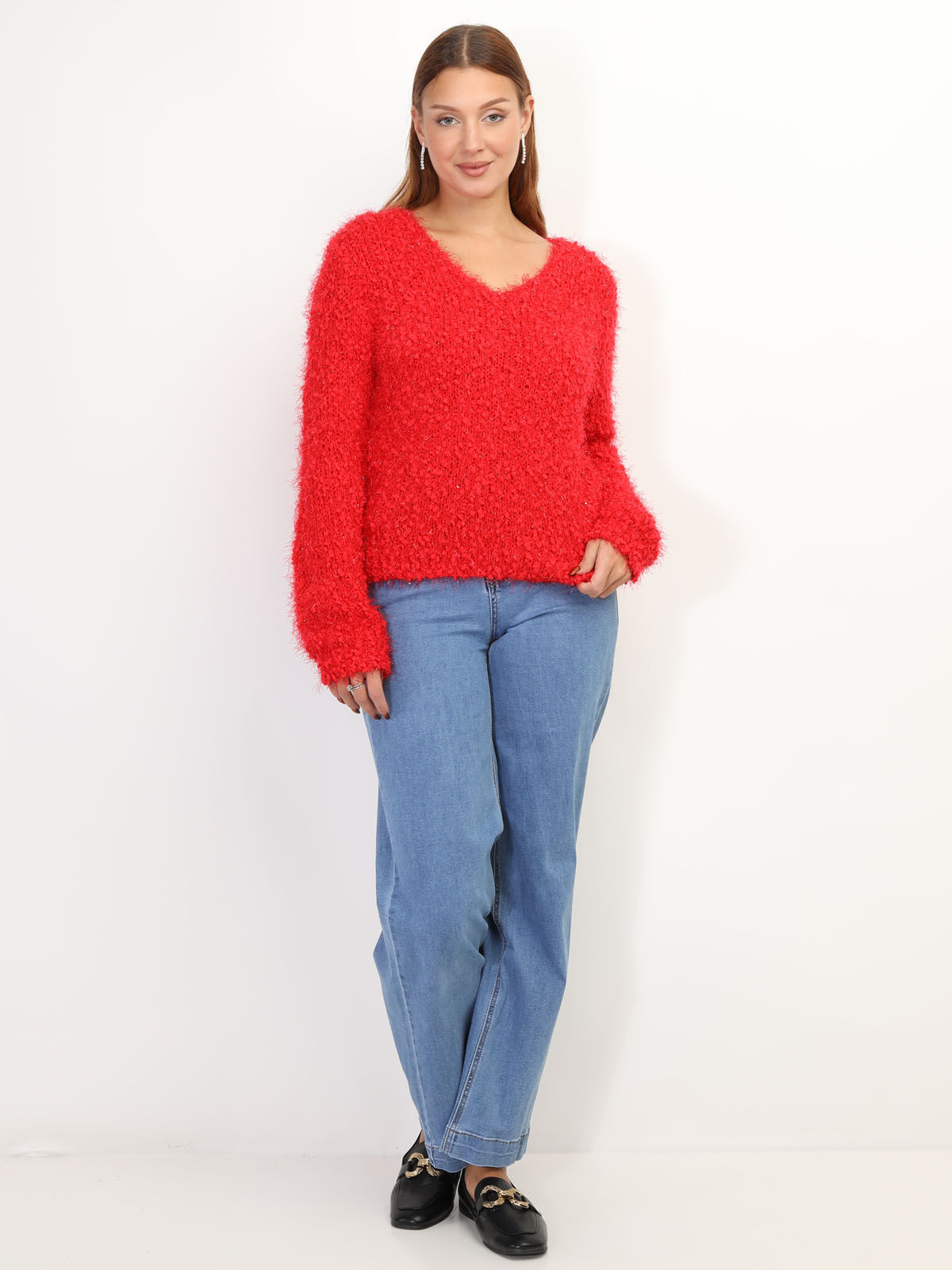 Pull duveteux avec fils brillants- Rouge