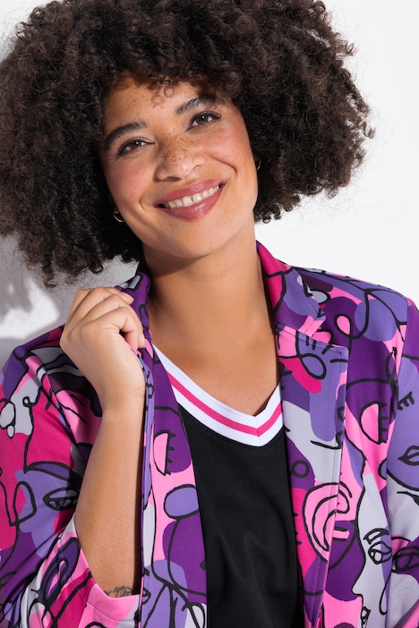 Blazer, Gesichterdruck, offene Form, 3/4-Ärmel