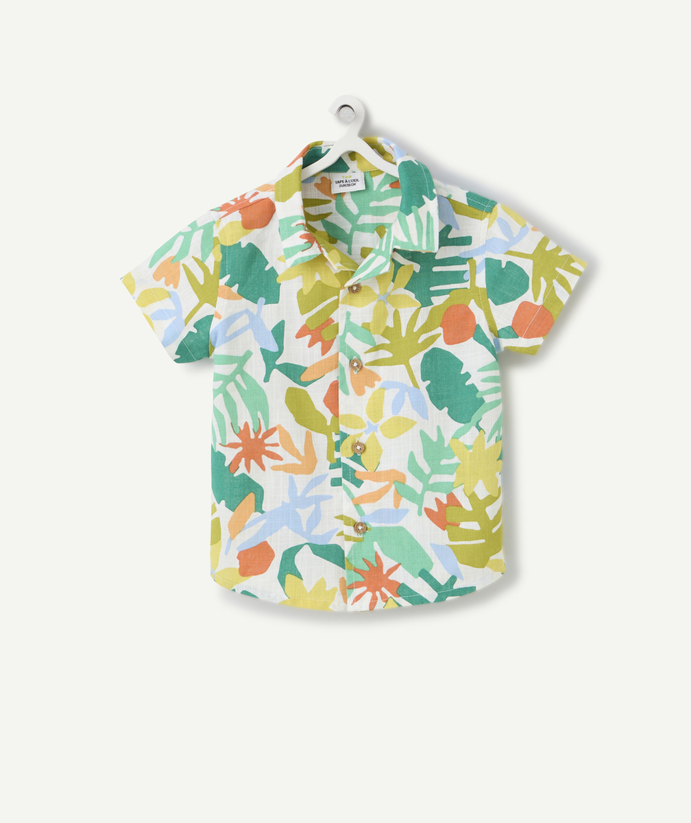 chemise manches courtes bébé garçon en coton bio blanche imprimé tropical