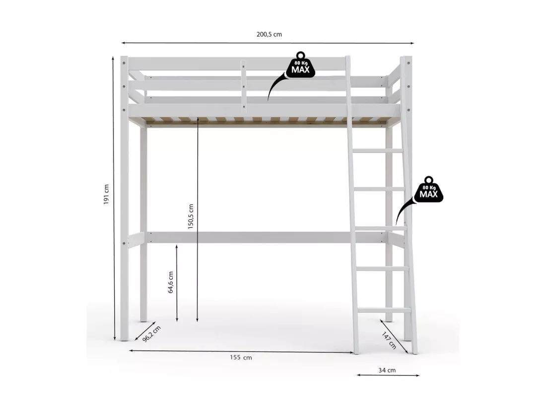 Lit mezzanine STUDIO 90x190 + 1 sommier / Blanc