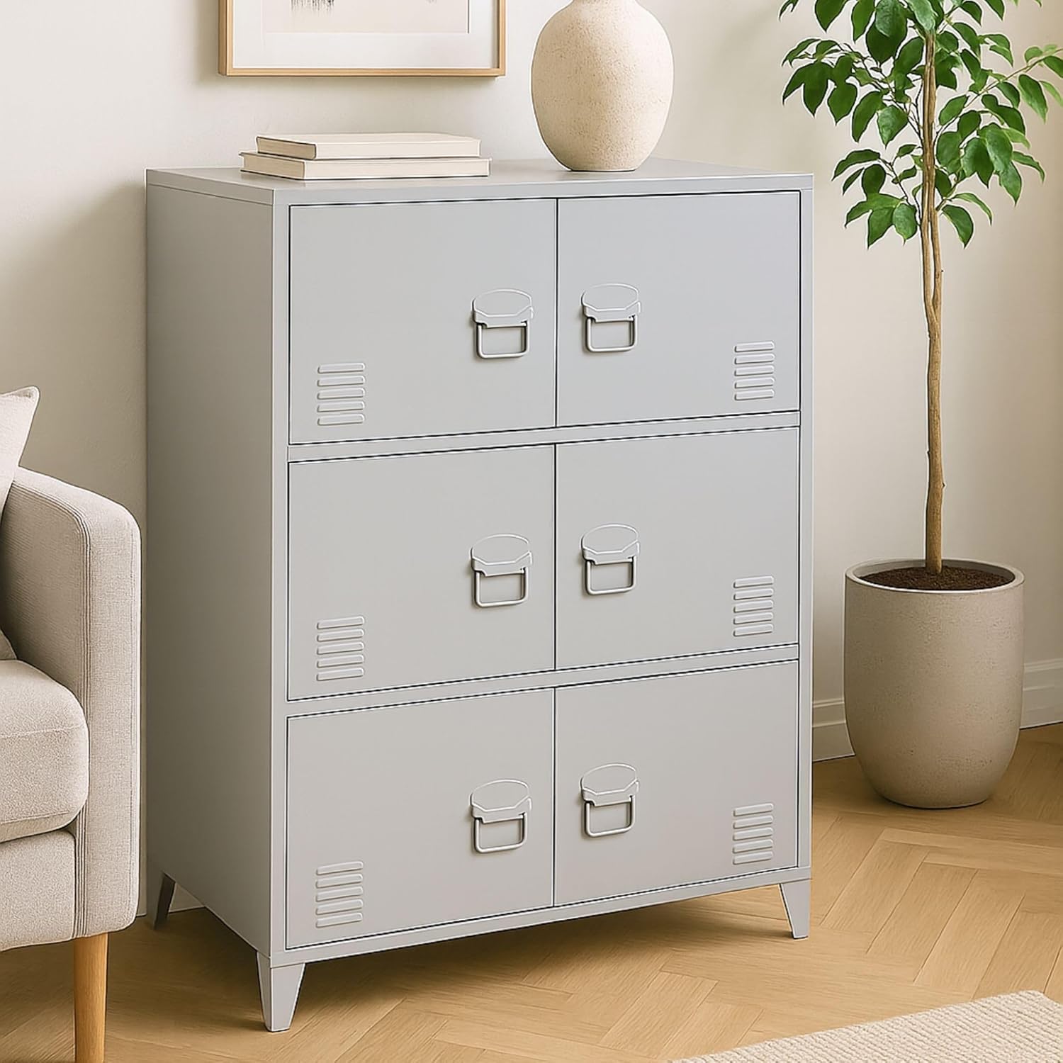 Spindschrank Industrie Design 6-türig | Büroschrank Metall 80 x 113 x 40cm grau | magnetischer Schließmechanismus - Hänkelgriffe + Lüftungsgitter