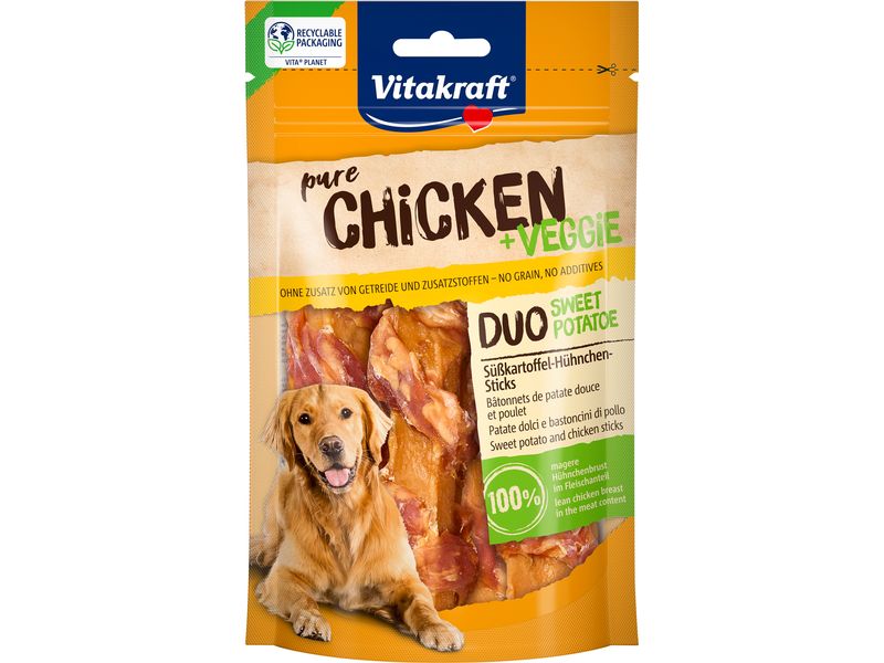 Vitakraft Kausnack Pure Chicken Veggie Duo 80g Süsskartoffelsticks mit Hühnchen umwickelt