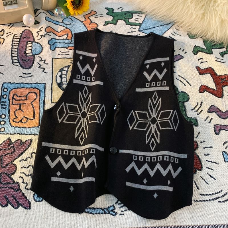 Aozora - V-hals vest met patroon en enkele rij knopen