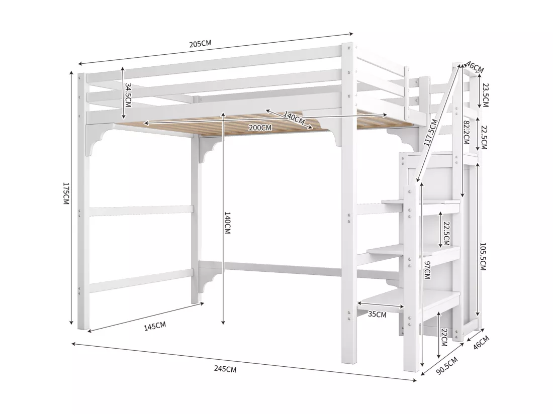 Lit mezzanine 140x200cm, lit d'enfant avec sommier à lattes, escalier avec armoire de rangement, anti-chute, blanc