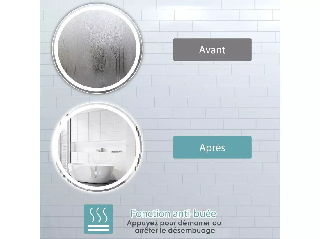 Miroir de Salle de Bain LED, Anti-Buée , ø 60 cm, Miroir Mural Lumineux avec 3 Eclairages Blanc Froid/Neutre/Chaud, Miroir LED Rond avec Interrupteur Tactile et Fonction