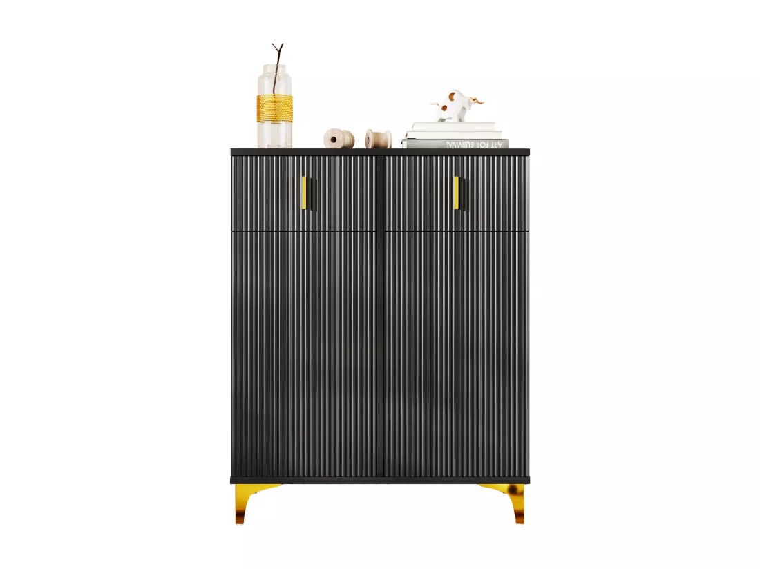Meuble à chaussures avec 2 portes et 2 tiroirs, buffet - 82 x 35 x 101 cm - Panneaux de particules - Coloris noir