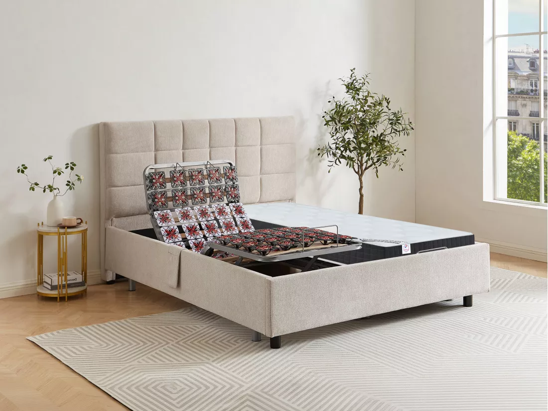 Lit électrique de relaxation déco tout plots + matelas ressorts ensachés et mémoire de forme - 2 x 70 x 190 cm - Tissu - Beige - MANAM de YSMÉE