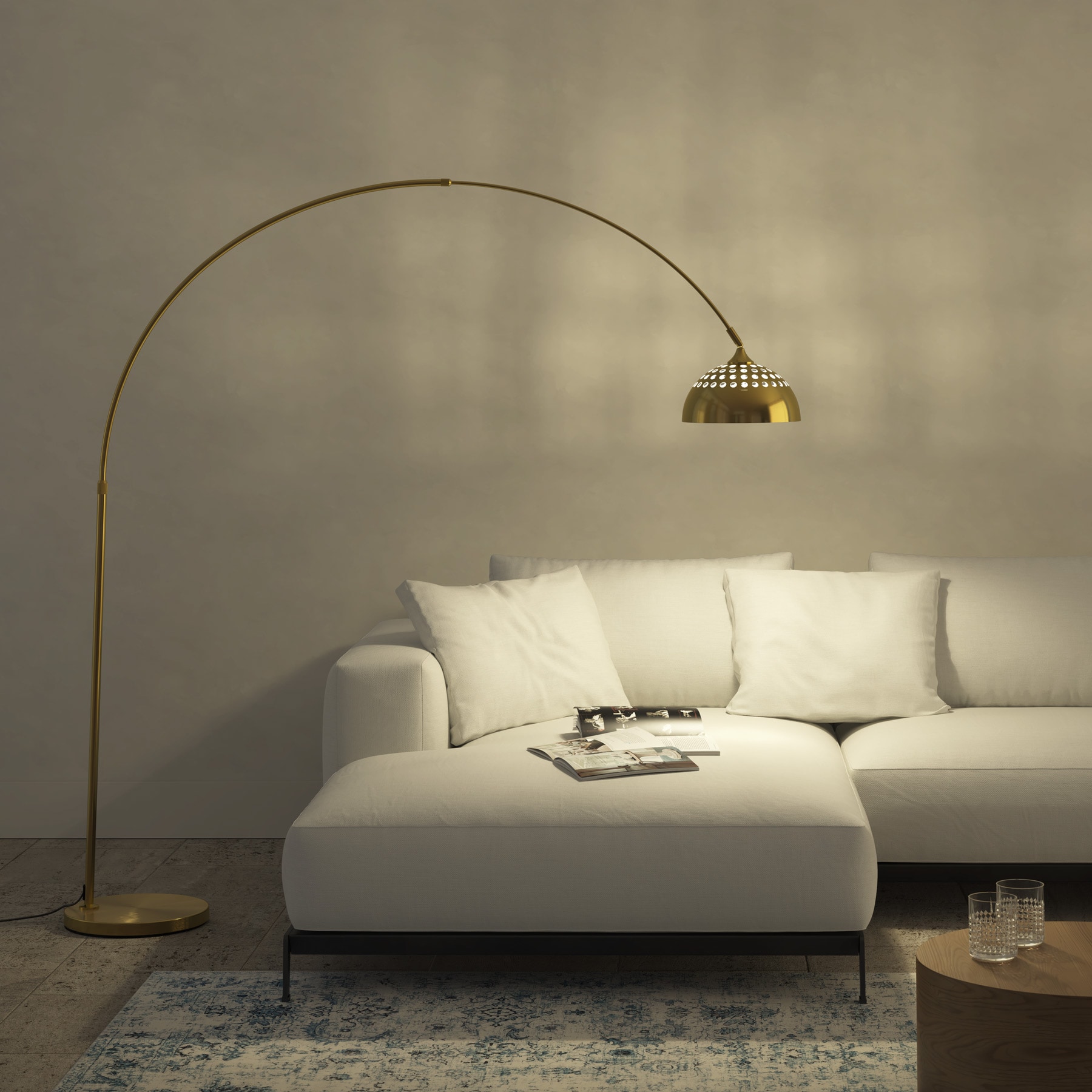 tectake® Bogenleuchte, 70er Jahre Retro-Stil, Teleskopbogen mit schwenkbarem Lampenschirm, Fußschalter, höhenverstellbar 187 - 206 cm