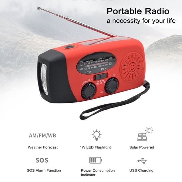 Håndsveiv Solar FM/AM Radio lommelykt NOAA Power Bank-funksjon