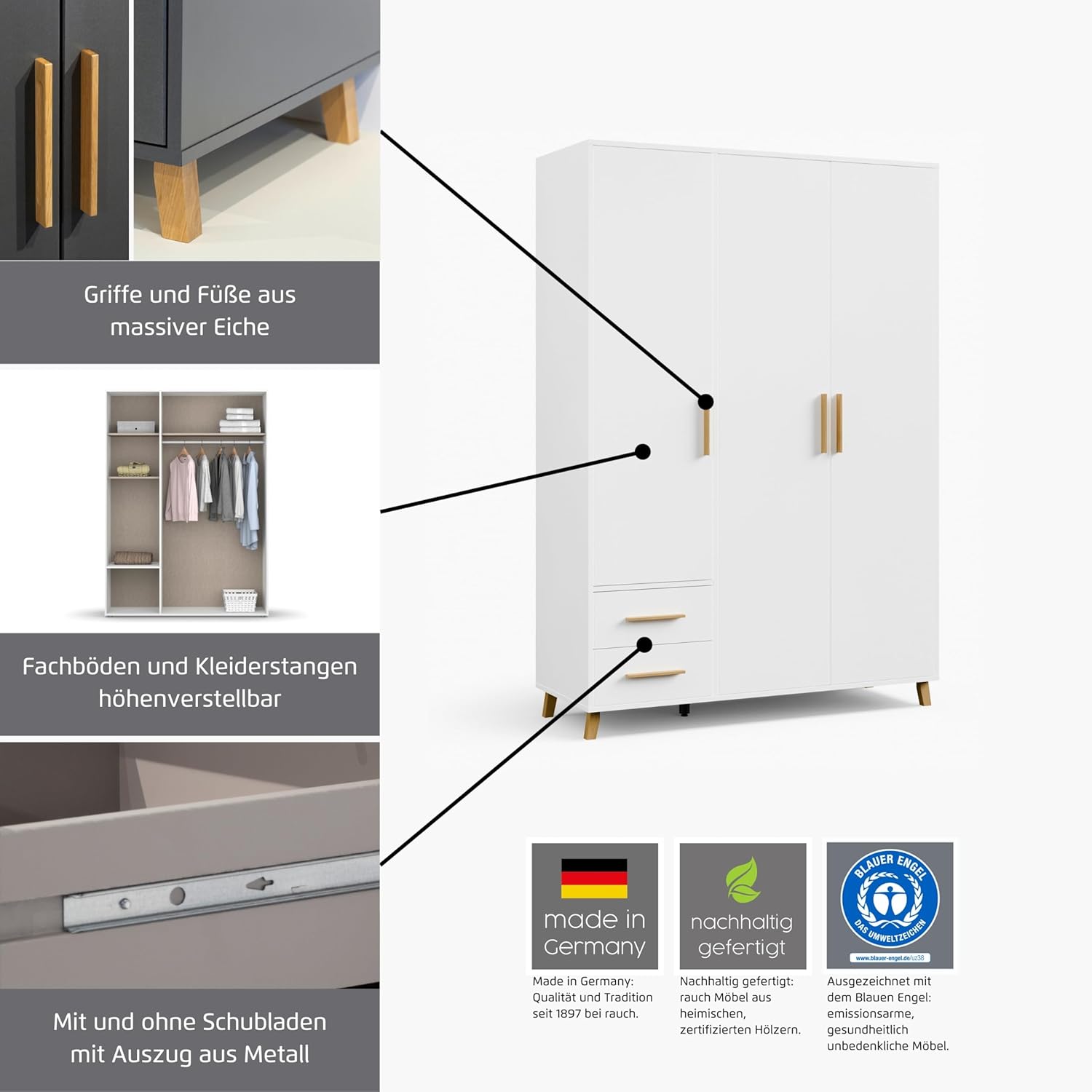 Rauch Möbel Shinjo Kleiderschrank für Schlafzimmer, Kinderzimmer, Babyzimmer, 3-türig, 2 Schubladen mit Zubehör Classic, Griffe und Füße aus Massivholz, Farbe Grau metallic, Schwarz, 140x203x53cm
