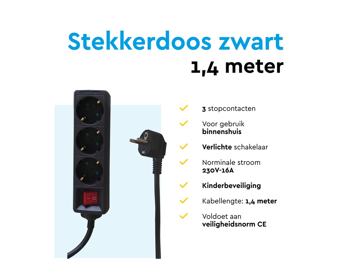 BRASQ 1,4 meter 3-voudige stekkerdoos met schakelaar - Black