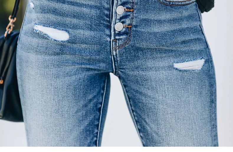 PERKARP - Skinny jeans met middelhoge taille, knoopsluiting en distressed wash