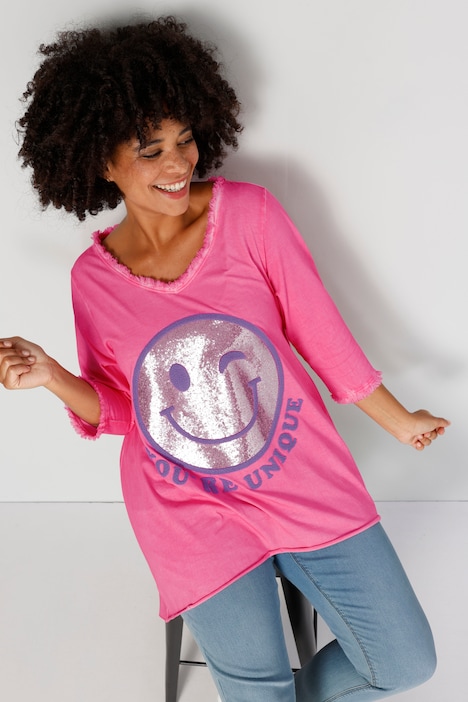 Longshirt, Smiley, Rundhals, Langarm, gerundeter Saum