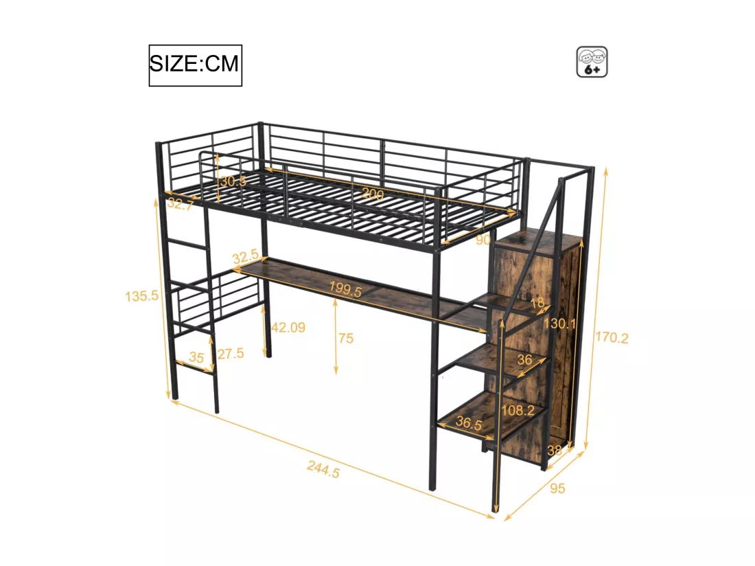 Lit mezzanine 90x200cm en métal - avec bureau、armoire et échelle de rangement - Noir