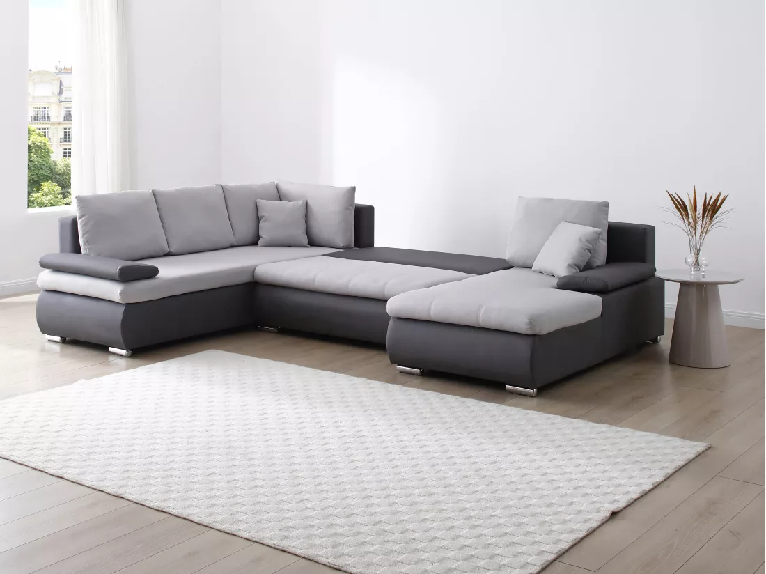 Canapé d'angle droit panoramique convertible en simili et tissu gris DAKOTA II